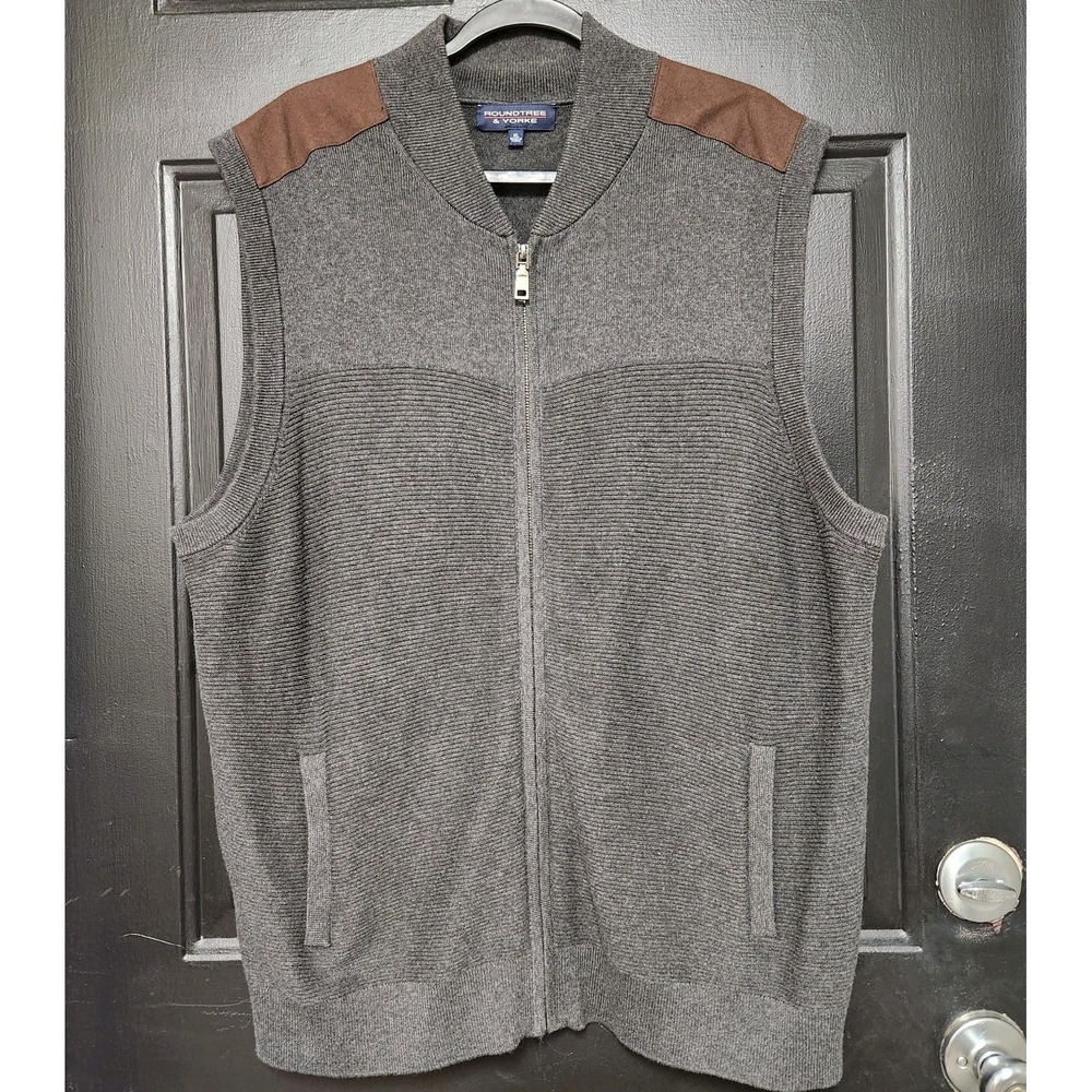Roundtree & Yorke XL Sleeveless Sweater Vest Full Zip Knit Gray Pockets Cotton